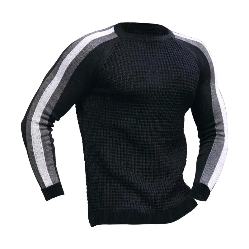 Men Autumn Winter Fashion Casual Simple Color Matching Round Neck Long Sleeve Knitted Shirt