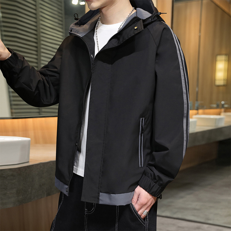 Men Casual Long Sleeve Pocket Design Stripe Printed Zipper Hooded Coat