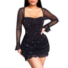 Women Temperament Sparkling Long-Sleeved Party Mini Pleated Dress