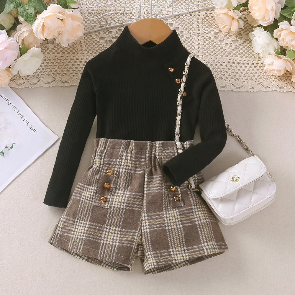 Toddler Girls Fashion Casual Solid Color Long Sleeve Turtle Neck Sweater Stripe Shorts Sets