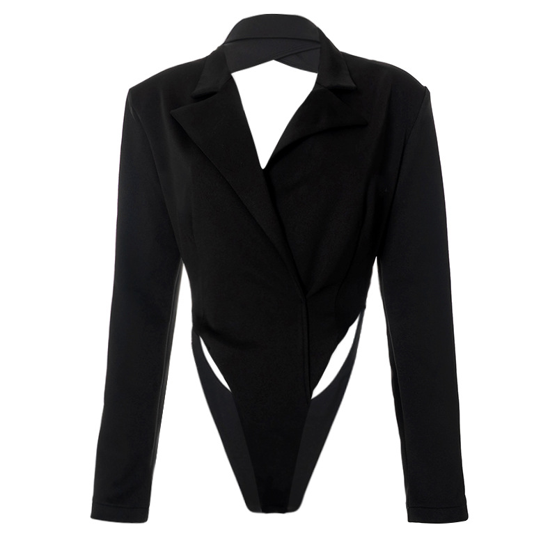 Women Fashion Street Style Solid Color Long Sleeve Sexy Backless V Neck Blazer Bodysuit