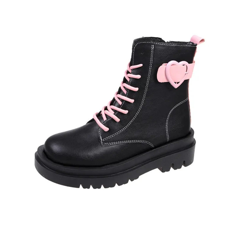 Women Fashion Thick Sole Sweet Cool Lace Up Pink Short Boots