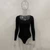 Long-Sleeve Solid Color Rib-Knit Square Neck Long Sleeve Women Bodysuit