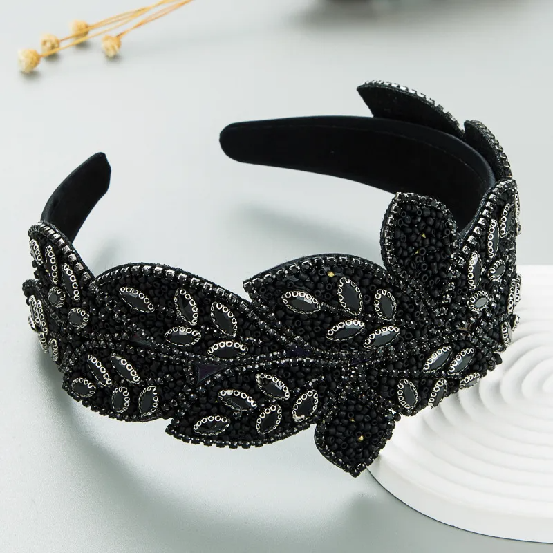 Retro Wide-Brimmed Leaf Shape Rhinestone Rice Bead Headband