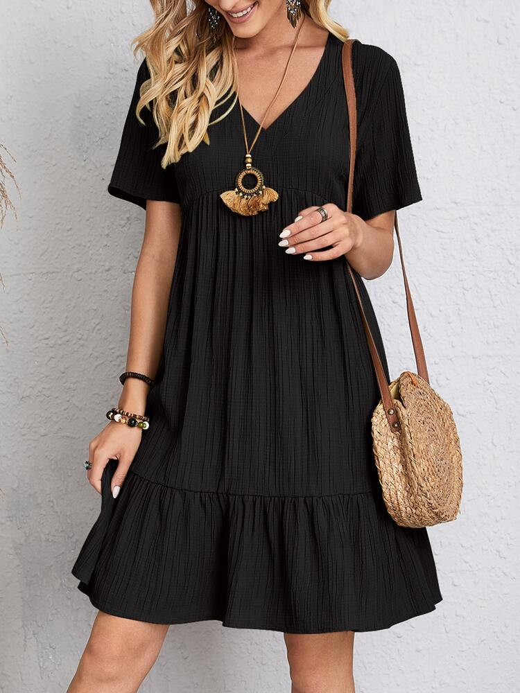 Women'S Fashion Casual Loose V Neck Ruffled Short Sleeve Dress