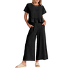 Solid Color Women Fashion Ruffle Short Sleeve Top Casual Pants Set