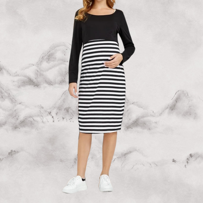 Breastfeeding Maternity Long Sleeve Round Neck Dress