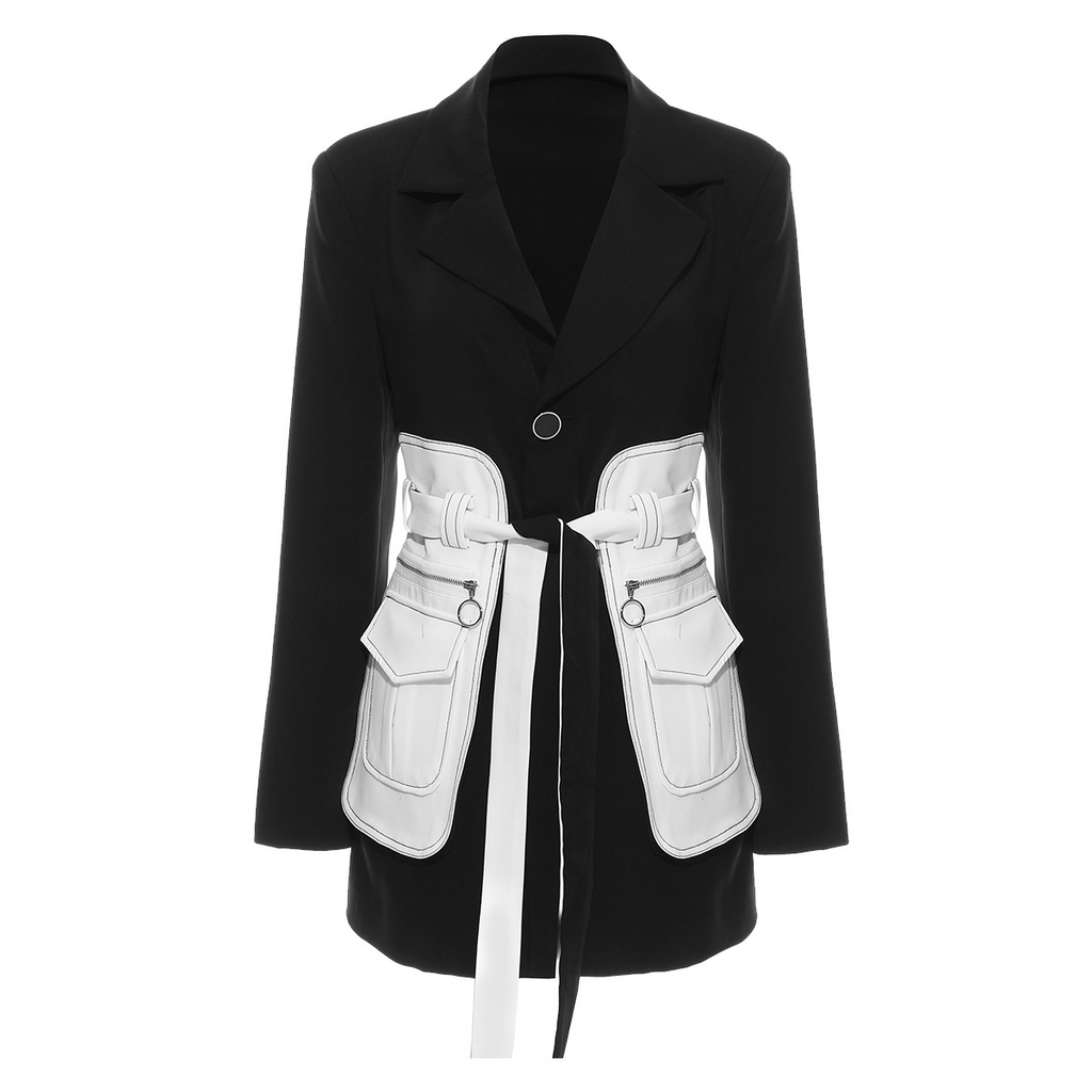 Women Retro Nostalgic Black And White Contrasting Color Waist Mid-Length Blazer