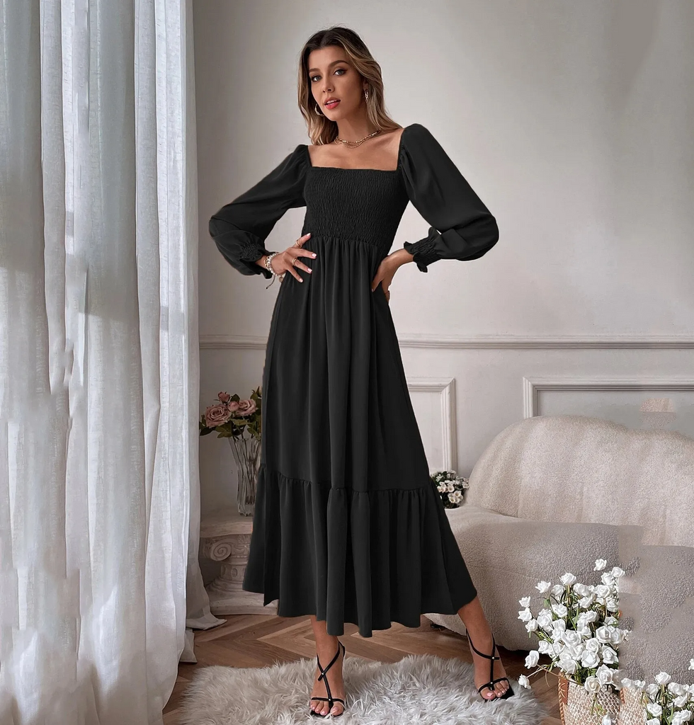 Women Ramadan /Eid Fashion Solid Color Square Collar Long Sleeve Ruffled High Waist Maxi Dress