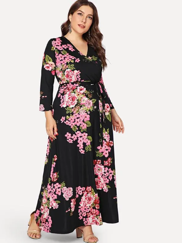 (Buy 1 Get 1) Women Ramadan /Eid Fashion Sexy Floral Printing V Neck Long Sleeve Dress