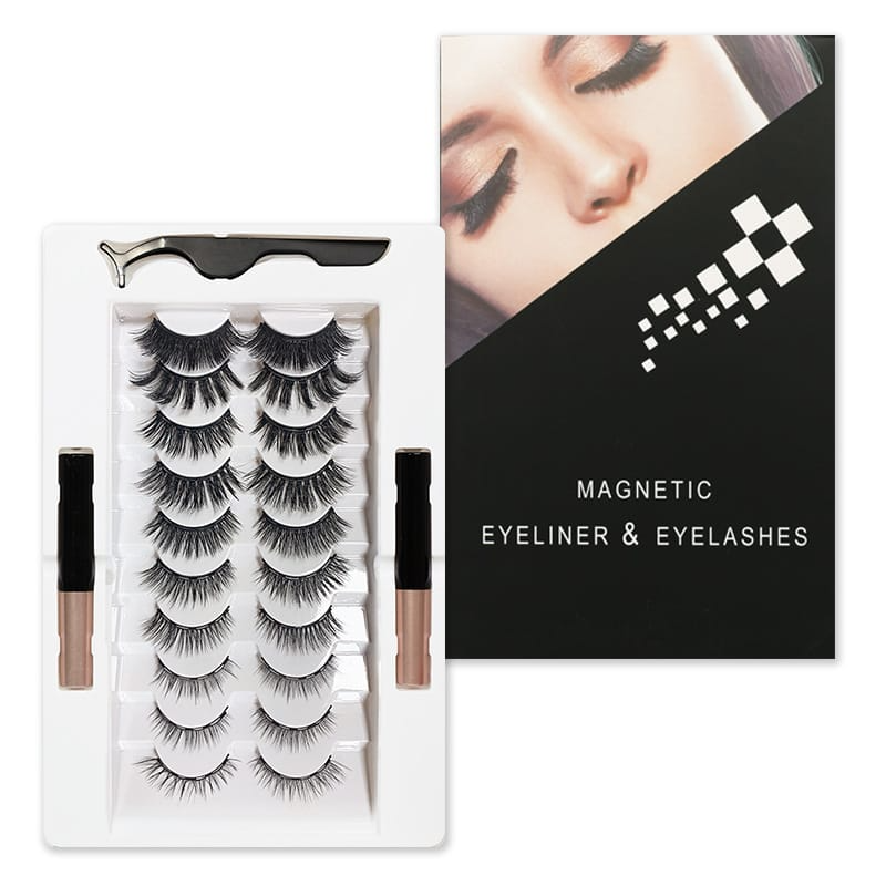 10 Pairs Mixed Magnetic False Eyelashes And Liquid Eyeliner Set