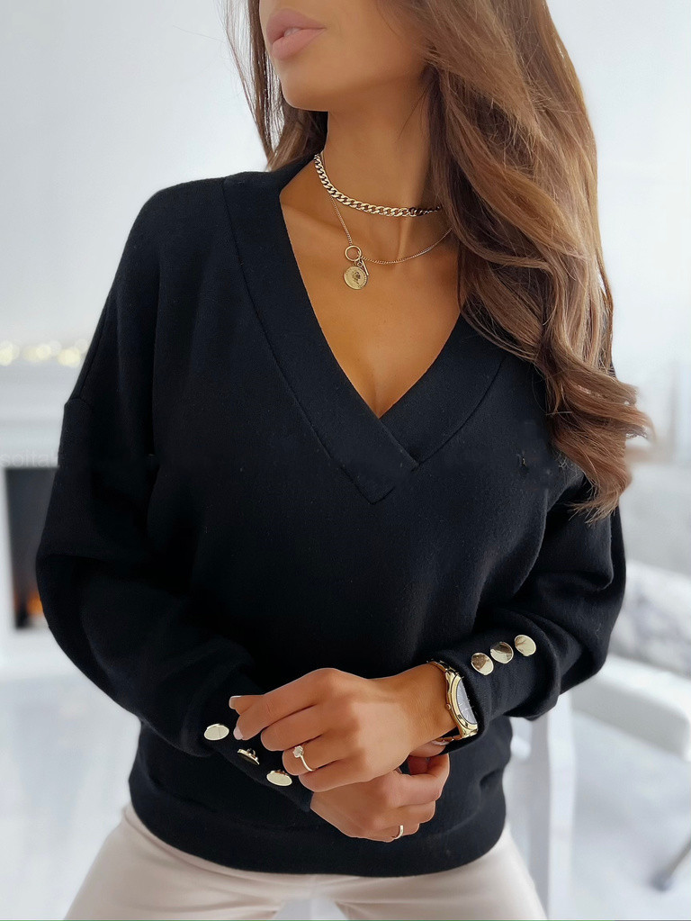 Women Fashion Simple Solid Color Long-Sleeved V-Neck Button Sweatshirt