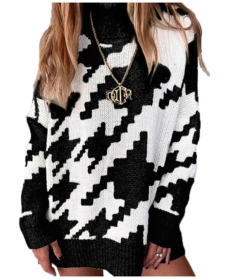 Women Fashion Autumn And Winter Splicing Contrast Color Lapel Mid-Length Knitted Sweater