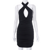 Women Fashion Sexy Halter Pure Color Cross Hollow Backless Sleeveless Pleated Bag Hip Dress