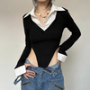 Women Fashion Lapel-Breasted Shirt Collar Flare Sleeve Hollow Back Slim Bodysuit