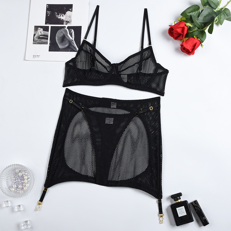 Women'S Black Mesh Hollow See-Through Tight Three-Piece Lingerieset