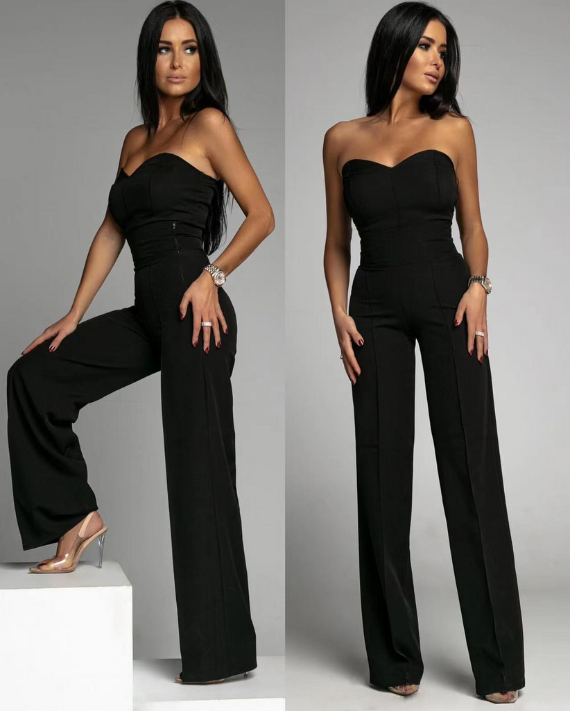 Women Solid Color Tube Top Casual High Waist Wide Leg Jumpsuit