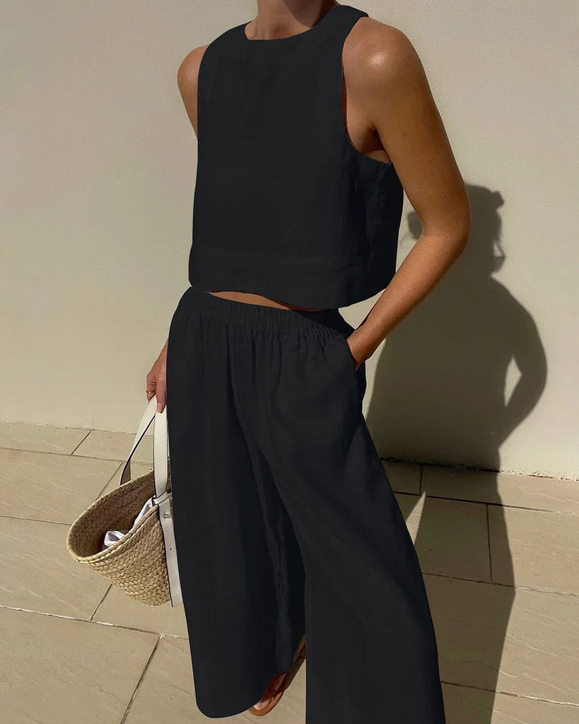 Women Summer Vacation Casual Loose Solid Color Sleeveless Top Wide Leg Pants Two Piece Set