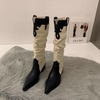 Women Fashion Retro Solid Color Pointed Toe Western Denim Heap Boots