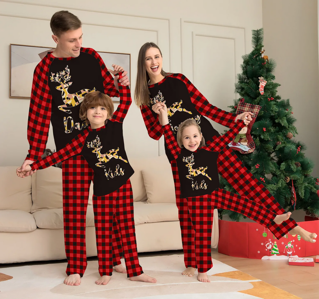 Christmas Cartoon Fashion Elk Plaid Print Round Neck Long Sleeve Parent-Child Pajamas Set