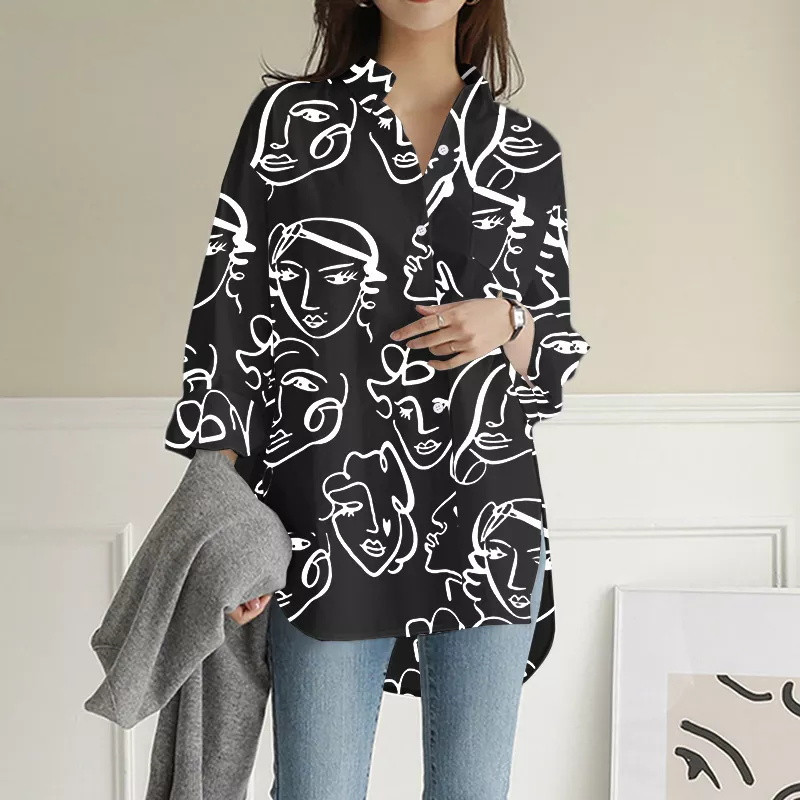 Women Casual Fashion High-Low Hemline Abstract Print V Neck Loose Blouse