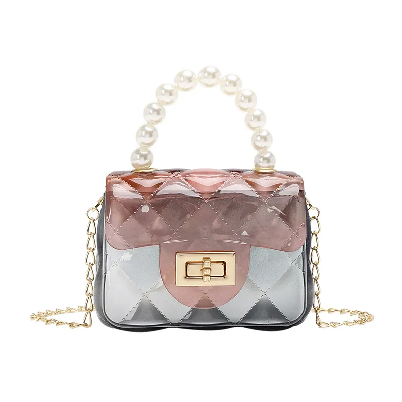 Kids Girls Cute Candy Color Transparent Gradient Pearl Decor Small Square Metal Chain Handle Crossbody Bag