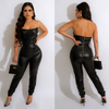 Women Sexy Strapless Solid Color Pu Leather Tube Top Jumpsuits