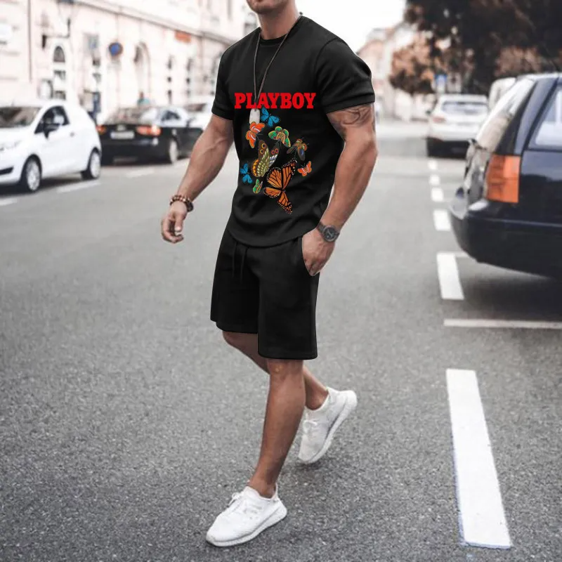 Men Casual Round Neck Short-Sleeved Printed T-Shirt And Shorts Two-Piece Set