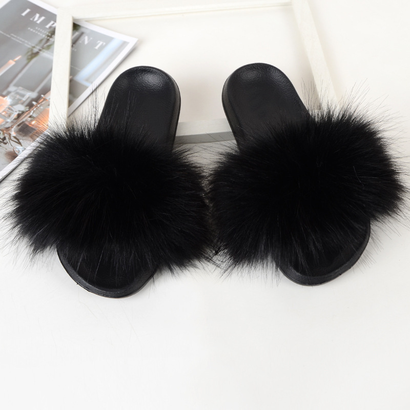 ( 2 pair ) Wholesale Women Winter Fashion Plus Size Faux Fox Fur Plush Flat Slippers