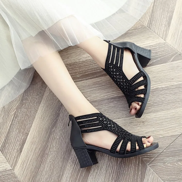 Women Fashion Sexy Hollow Peep Toe Rhinestone Chunky Heel Sandals