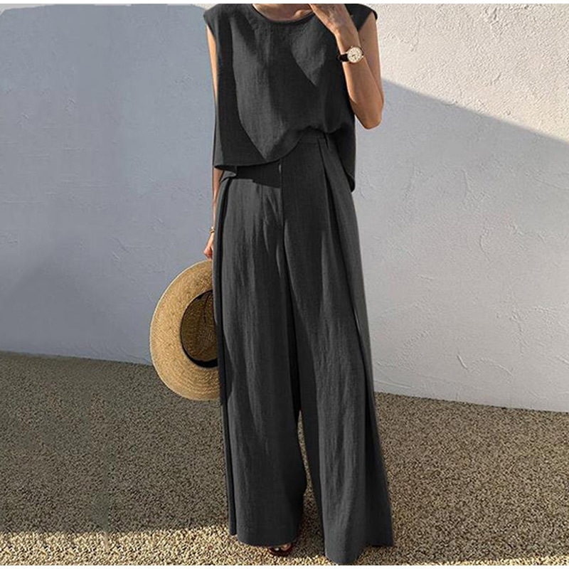 Summer Women Fashion Solid Color Sleeveless Elegant Top Loose Two-Piece Pants Sets