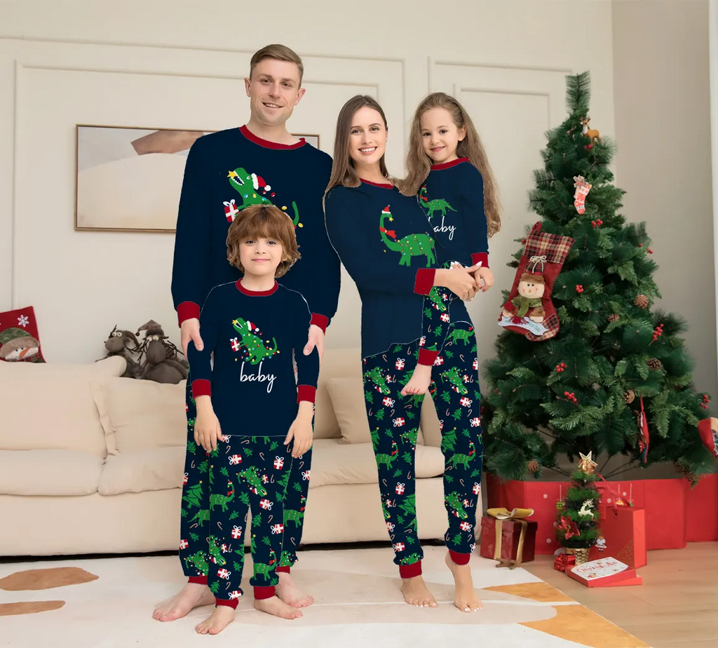 Christmas Cartoon Fashion Dinosaur Letter Printing Round Neck Long Sleeve Home Parent-Child Pajamas Set