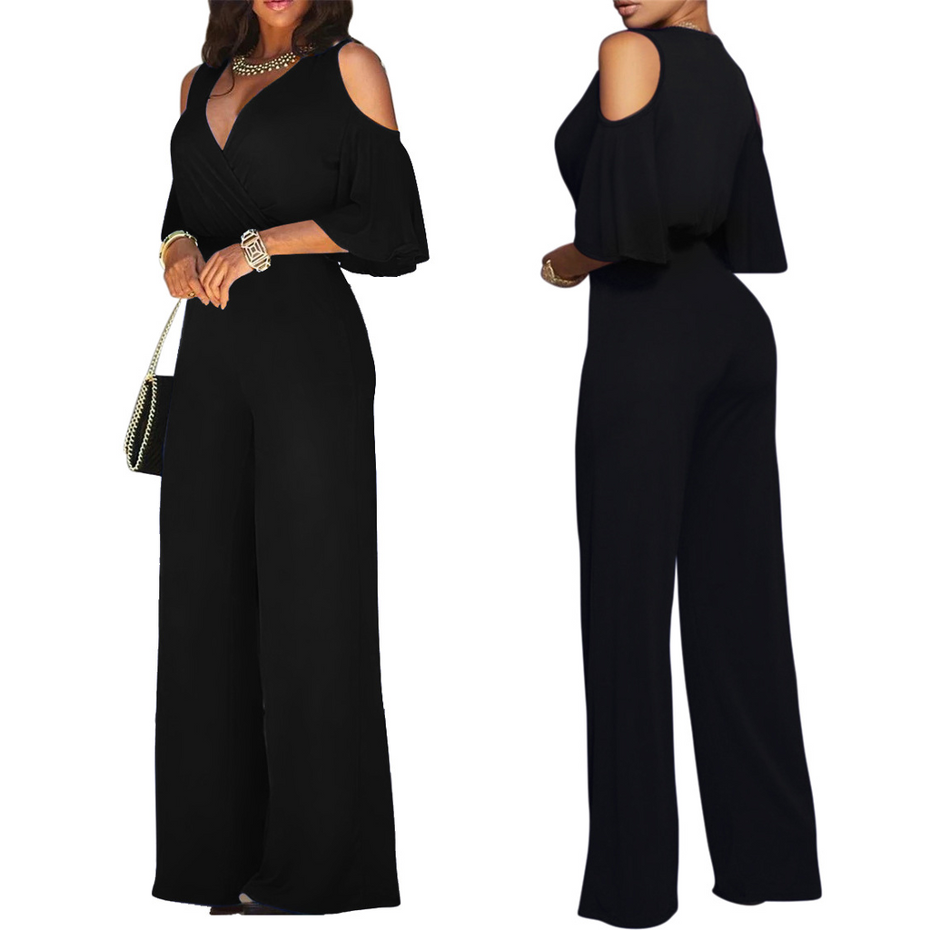 Women Solid Color Short-Sleeved Strapless Waist Fashion Wide-Leg Jumpsuit