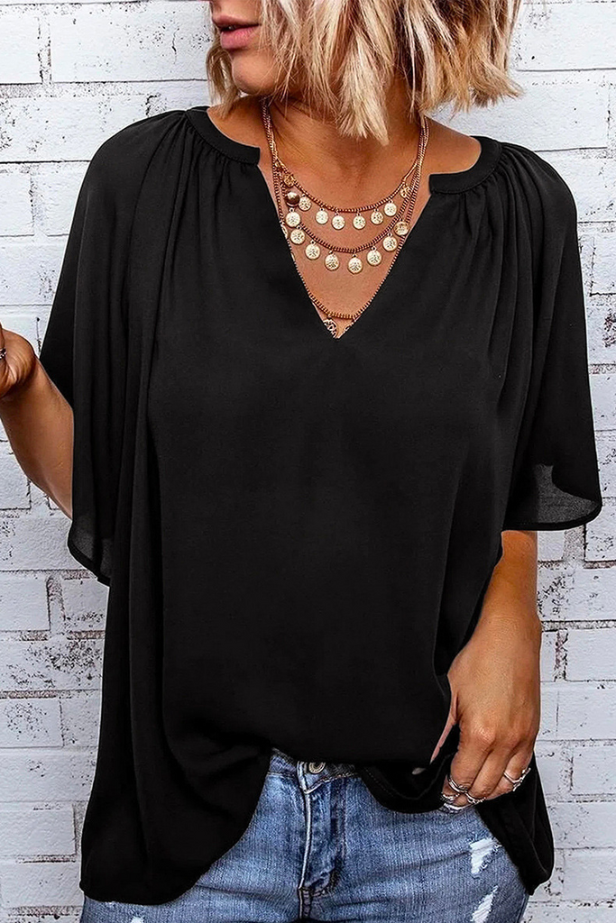 Summer Loose V-Neck Casual Women Solid Color Chiffon Blouse