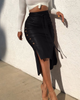 Women Simple Solid Color Slit Slim Tie Mid-Length Pu Skirt