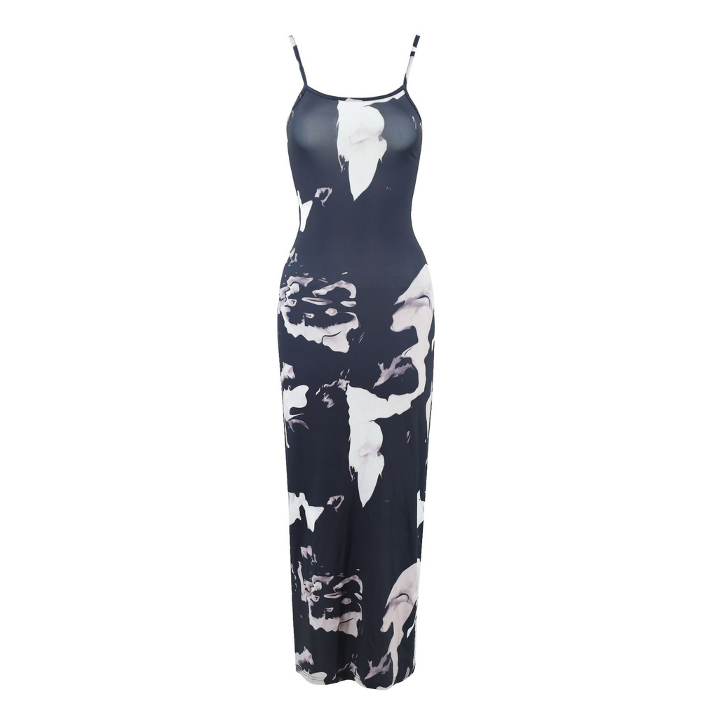 Women'S Sexy Edgy Mesh Printing Slip Maxi Dress