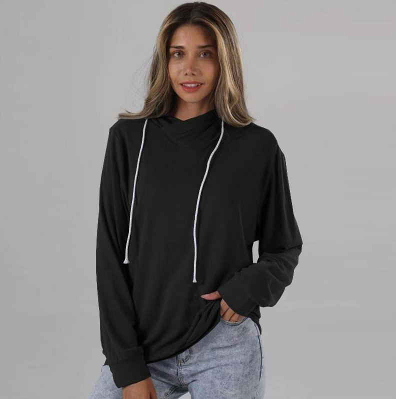 Autumn Women Drawstring Casual Solid Color Long Sleeve Sweatshirt