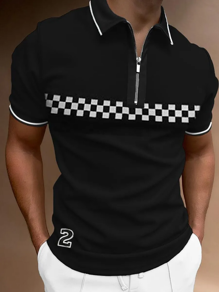 Men Fashion Colorblock Zip Lapel Chest Plaid 2 Graphic Print Short Sleeve Loose Polo Shirt