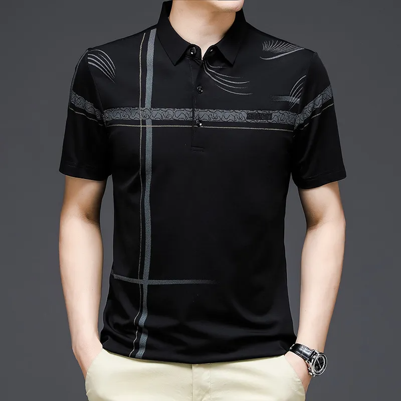 Men Fashion Casual Striped Print Lapel Short Sleeve Loose Polo Shirt