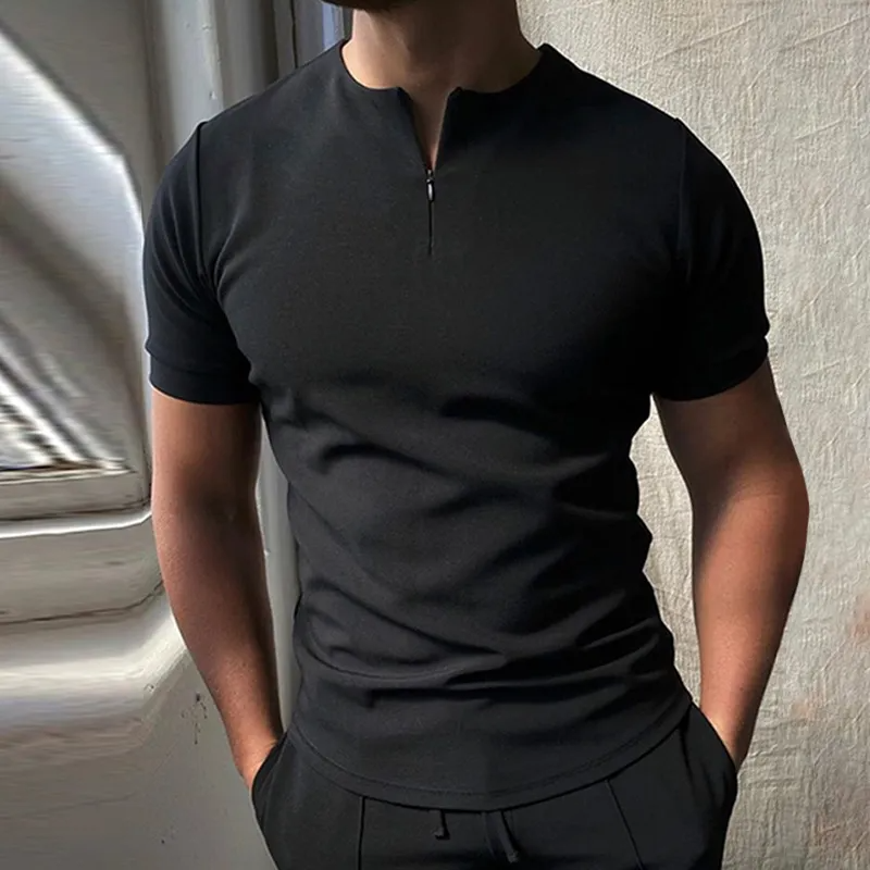 Men Casual Solid Color Slim Fit Zip Short Sleeve Polo Shirt