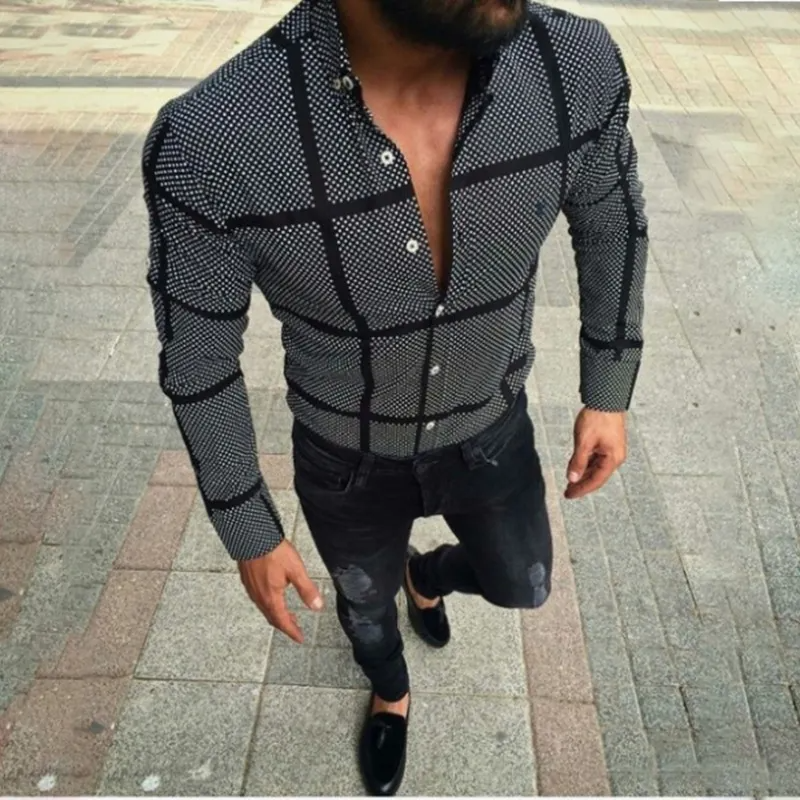 Men Casual Long Sleeve Lapel Single-Breasted Plaid Printed Shirt