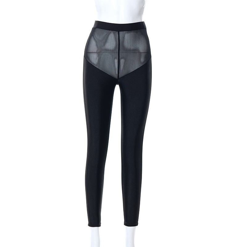 Women Sexy Spring Solid Color Mesh See-Through Patchwork High Waist Leggings