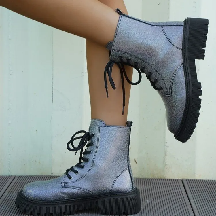 Women Vintage Lace-Up Plus Size Casual Pu Leather Combat Boots