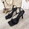 Women Fashion Sexy PU Solid Color Square Toe Stiletto Heel Ankle Strap Buckle Thong Sandals