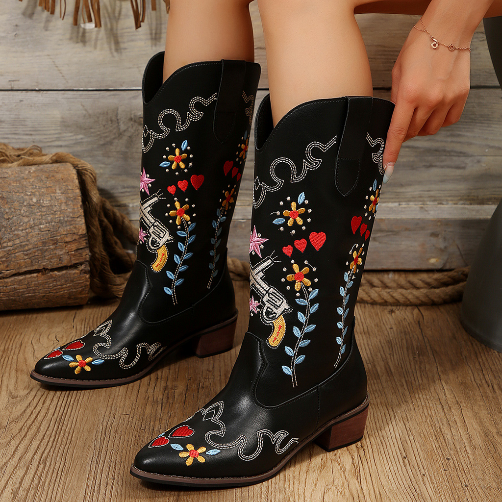 Women Fashion Plus Size Embroidered Point-Toe Boots