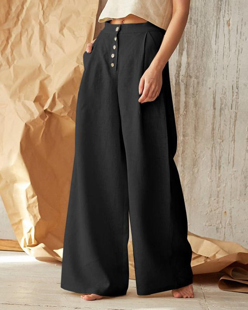 Women'S Casual Solid Color Cotton Linen Single-Breasted Button High Waist Wide Leg Pants