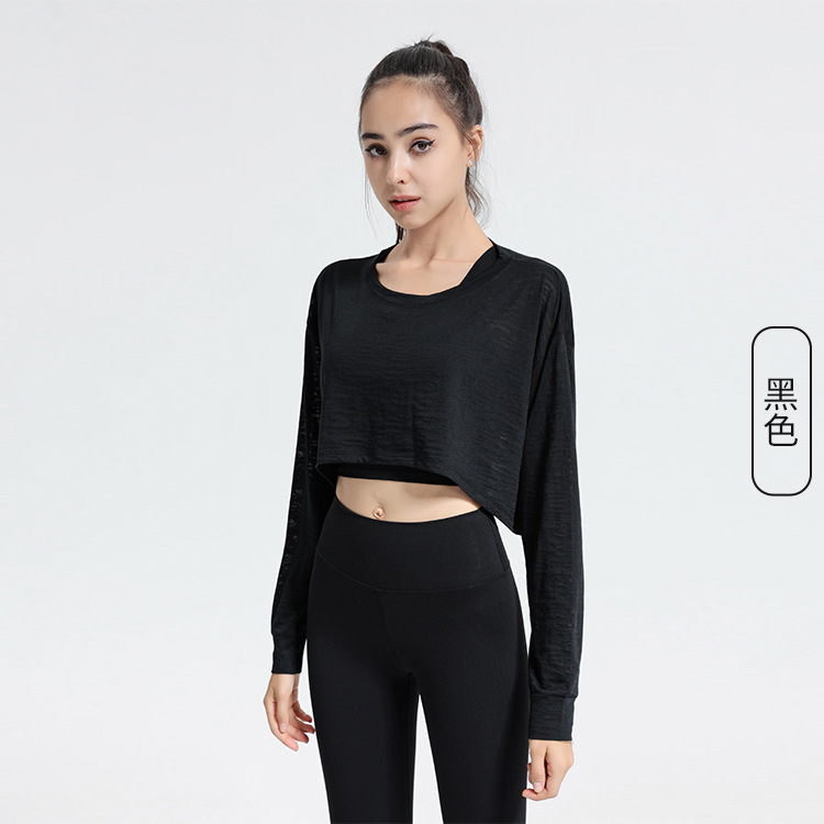 Women Casual Loose Breathable Solid Color Long Sleeve Sports Crop Top