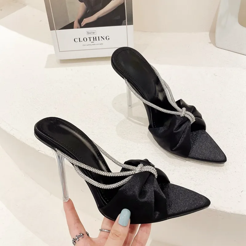 Women Sexy Fashion Pointed Toe Rhinestone Satin Bow Transparent Heel Slippers