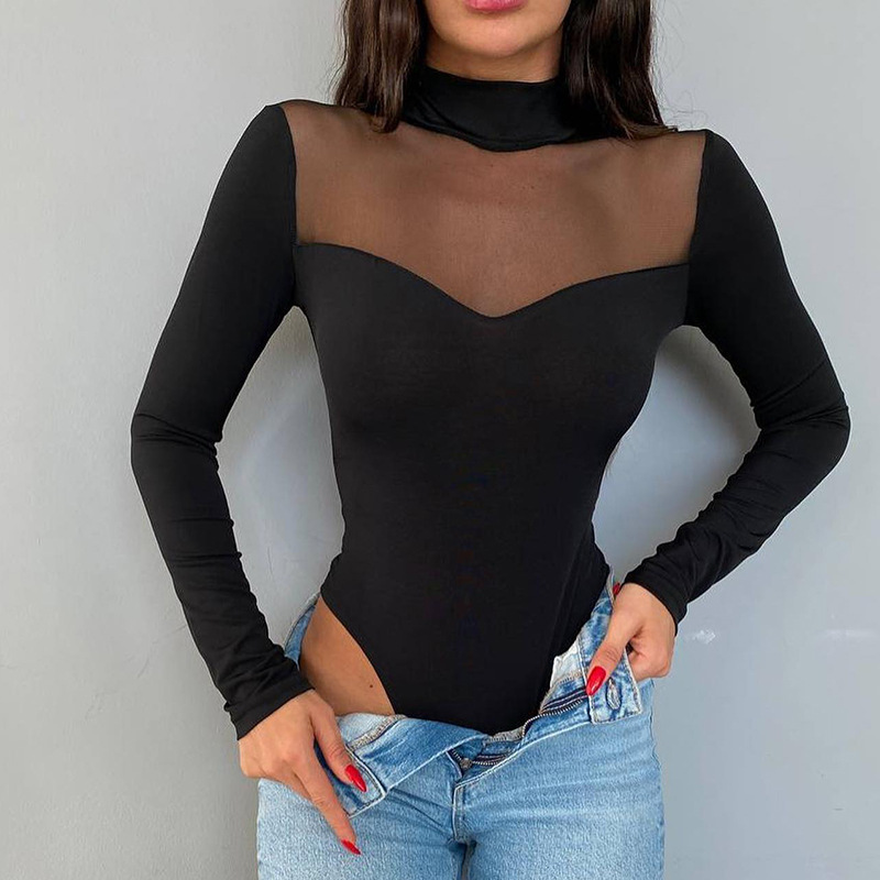 Women Fashion Solid Color Mesh Patchwork Long-Sleeved Bodysuit