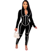 Women'S Fashion Solid Color Zipper Slim Fit Long-Sleeved Sports Striped Jumpsuits